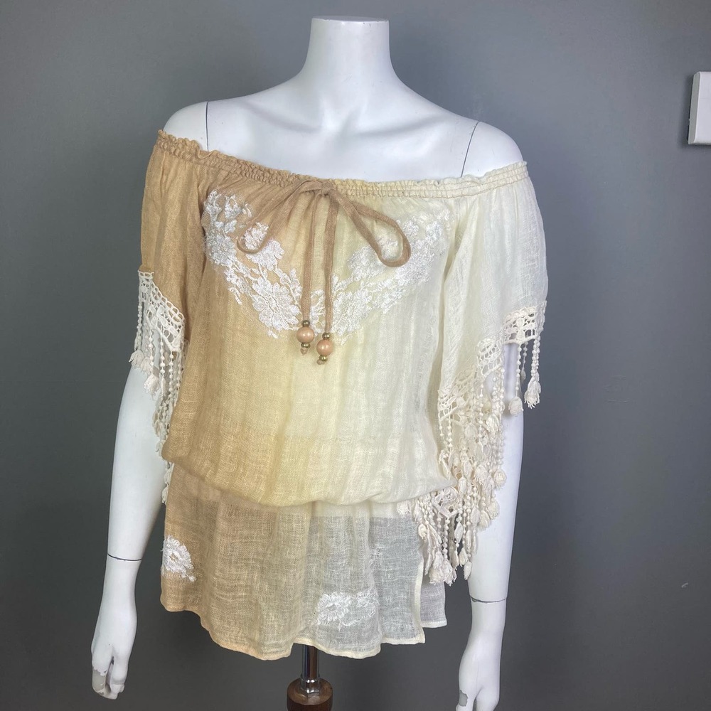 Vanita‎ Rosa Dress small s/m Linen Applique embroidered Tie Peplum Waist Lace